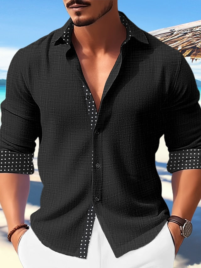 Men's Shirt Linen Shirt Button Up Shirt Casual Shirt Summer Shirt Beach Shirt Black White Blue Long Sleeve Polka Dot Turndown Spring & Summer Casual Daily Clothing Apparel