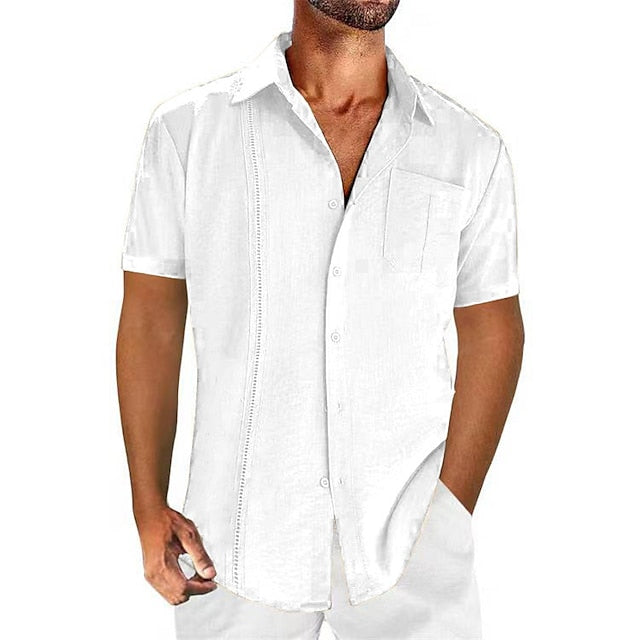 Men's Shirt Guayabera Shirt Linen Shirt Button Up Shirt Summer Shirt Beach Shirt Black White Navy Blue Short Sleeve Plain Lapel Summer Casual Daily Clothing Apparel Front Pocket