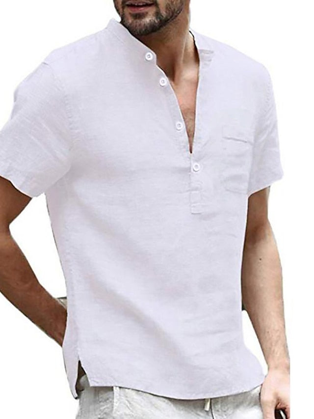 Men's Linen Shirt Summer Shirt Beach Shirt Black White Pink Short Sleeve Plain Collar Daily Leisure Sports Clothing Apparel