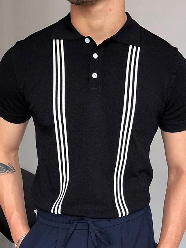 Men's Knit Polo Sweater Polo Shirt Outdoor Street Turndown Button Short Sleeve Casual Striped Button Front Summer Spring Fall Regular Fit Black White Ivory Blue Green Black White Knit Polo Sweater