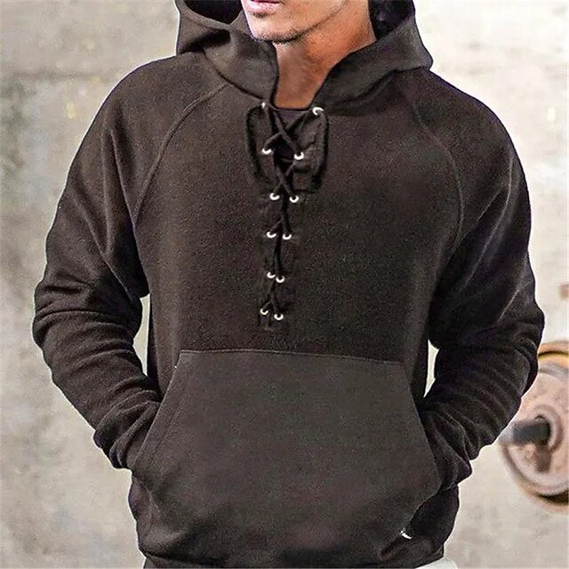 Men's Hoodie Black Navy Blue Green Coffee Hooded Plain Lace up Patchwork Sports & Outdoor Daily Holiday Streetwear Cool Casual Spring &  Fall Clothing Apparel Hoodies Sweatshirts