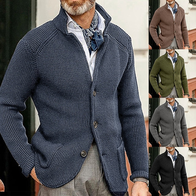 Men's Sweater Cardigan Sweater Blazer Waffle Knit Cropped Knitted Solid Color Stand Collar Basic Stylish Outdoor Daily Clothing Apparel Fall Winter Blue Khaki S M L / Long Sleeve / Long Sleeve