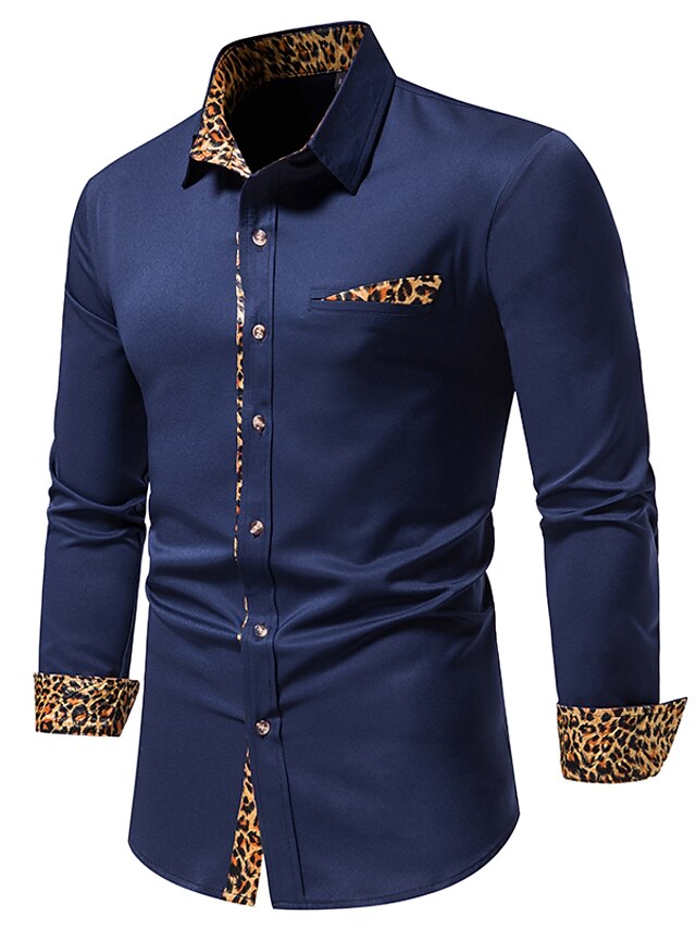 Men's Button Up Shirt Dress Shirt Collared Shirt Black White Navy Blue Long Sleeve Leopard All Seasons Wedding Daily Clothing Apparel