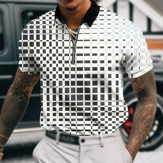 Men's Zip Polo Lapel Polo Polo Shirt Golf Shirt Graphic Prints Geometry Turndown Lake blue White Red Blue Sky Blue Outdoor Street Short Sleeves Zipper Print Clothing Apparel Fashion Designer Casual