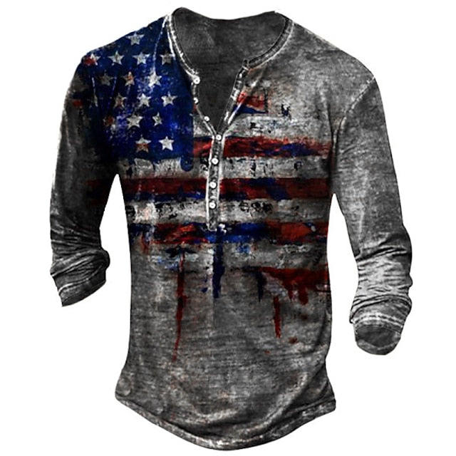 Men's T shirt Tee Henley Shirt Tee Graphic American Flag Spring &  Fall Street Casual Daily Vintage Retro Basic Henley Long Sleeve Clothing Apparel Black Yellow Red Plus Size S M L XL 2XL 3XL 4XL