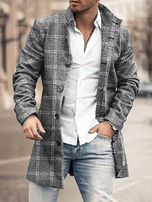 Men's Winter Coat Overcoat Coat Business Casual Winter Fall Polyester Thermal Warm Outerwear Clothing Apparel Sporty Plaid / Check Quilted Turndown Single Breasted