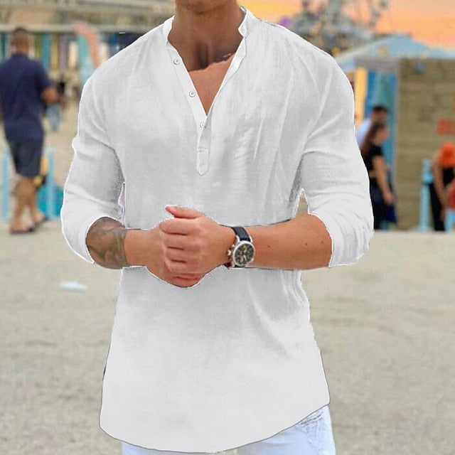 Men's Linen Shirt Shirt Summer Shirt Beach Shirt Black White Blue Long Sleeve Solid Color Collar Summer Spring Outdoor Street Clothing Apparel Button-Down