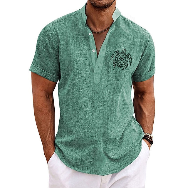 Men's Shirt Linen Shirt Graphic Prints Turtle Stand Collar Yellow Red Blue Green Gray Outdoor Street Short Sleeve Print Clothing Apparel Linen Fashion Streetwear Designer Casual