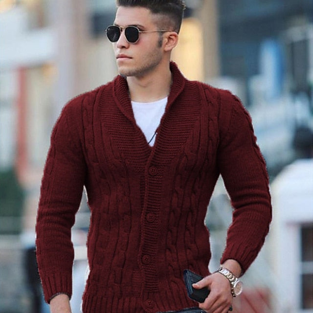 Foruwish - Men's Sweater Cardigan Sweater Cable Knit Cropped Knitted Stand Collar Clothing Apparel Winter Fall Red Brown Black S M L