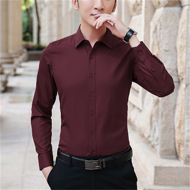 Men's Button Up Shirt Dress Shirt Wine Sea Blue Black Long Sleeve Solid / Plain Color Turndown Summer Spring Wedding Formal Evening Clothing Apparel Buckle