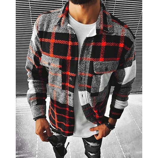 Men's Shirt Flannel Shirt Shirt Jacket Shacket Black and Red Blue Green Long Sleeve Plaid / Check Turndown Spring &  Fall Street Daily Clothing Apparel Button-Down