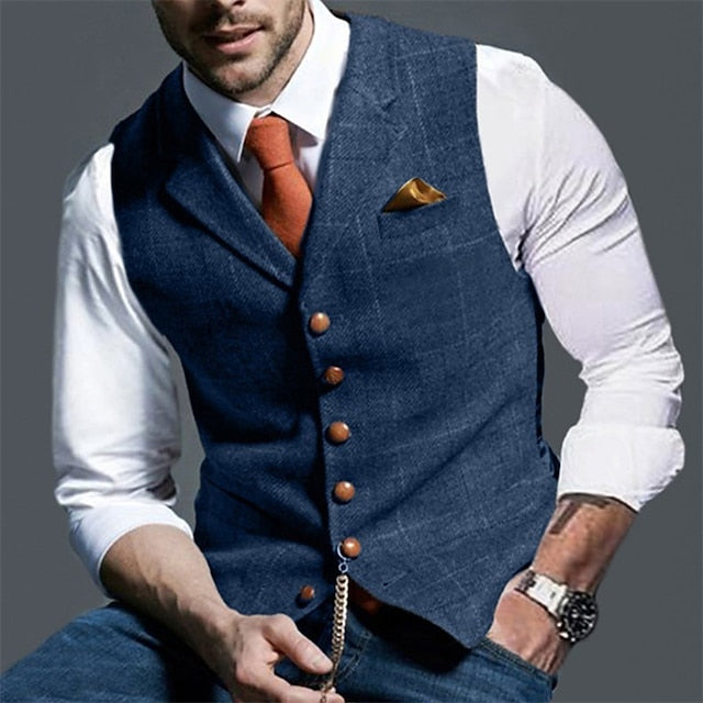 Foruwish - Men's Vest Waistcoat Daily Wear Vacation Fashion Vintage Spring &  Fall Button Polyester Comfortable Plain Single Breasted V Neck Regular Fit Deep Green Gray Green Navy Leaf Dark Gray Light Grey Vest