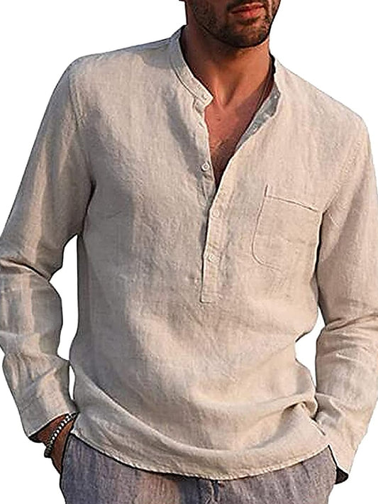 Men's Shirt Linen Shirt Summer Shirt Beach Shirt Light Blue Wine Red Black Long Sleeve Solid Color Collar Summer Spring Street Sports Clothing Apparel