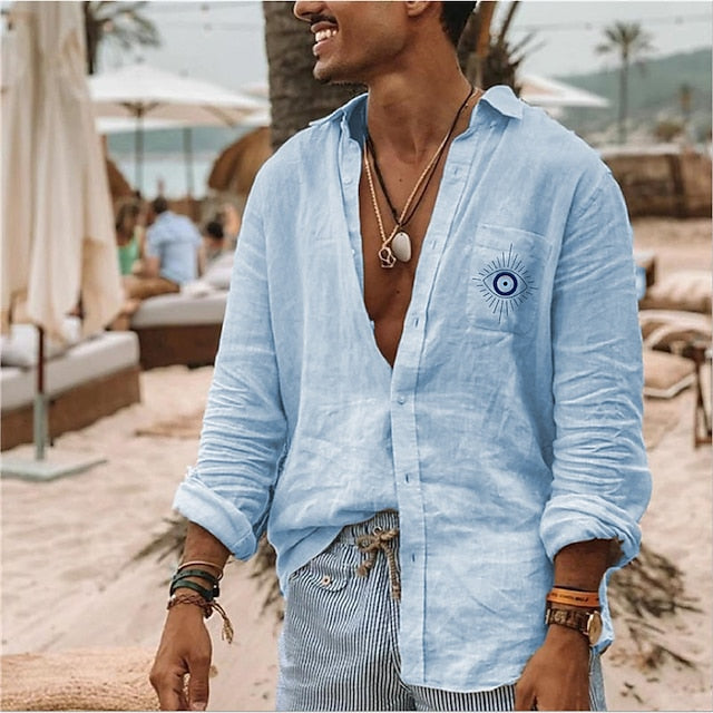 Men's Linen Shirt Summer Shirt Designer Shirt Beach Shirt White Blue Green Long Sleeve Graphic Turndown Summer Spring Outdoor Street Clothing Apparel Button-Down