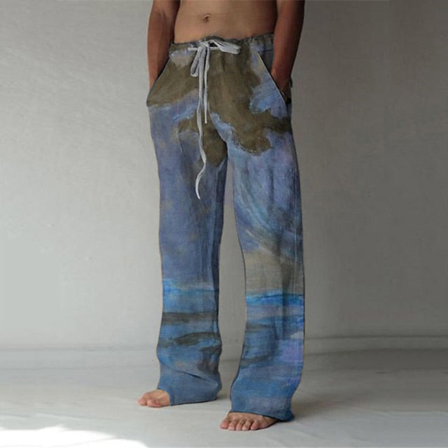 Men's Trousers Summer Pants Baggy Beach Pants Elastic Drawstring Design Front Pocket Straight Leg Graphic Prints Landscape Comfort Soft Casual Daily For Vacation Fashion Streetwear Pink Blue