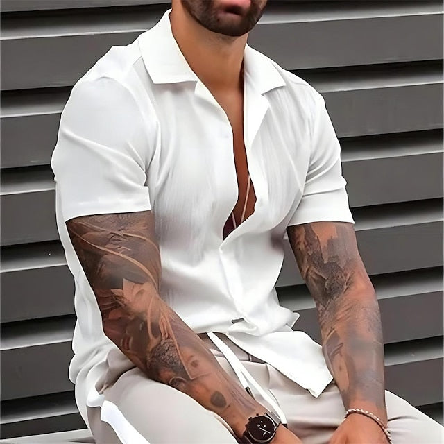 Men's Summer Shirt Beach Shirt White Blue Khaki Short Sleeve Solid Color Turndown Spring & Summer Outdoor Street Clothing Apparel Button-Down