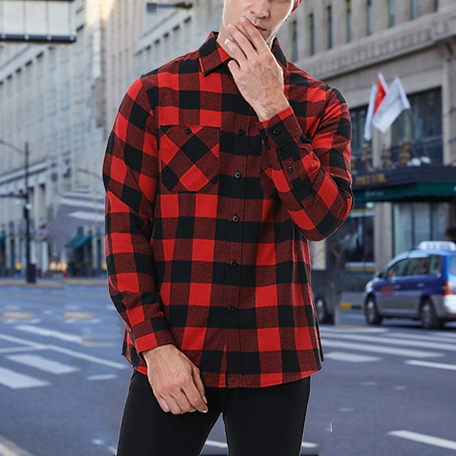 Men's Shirt Flannel Shirt Shirt Jacket Shacket Black White Yellow Long Sleeve Plaid Turndown Spring &  Fall Street Daily Clothing Apparel Button-Down