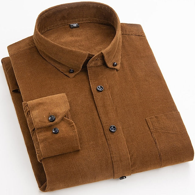 Men's Dress Shirt Button Down Shirt Collared Shirt Corduroy Shirt Wine Black Yellow Long Sleeve Plain Turndown Winter Wedding Party Clothing Apparel Button-Down