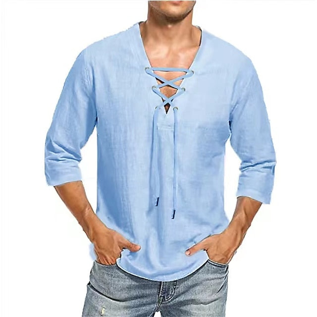 Men's Linen Shirt Shirt Summer Shirt Beach Shirt Black White Yellow 3/4 Length Sleeve Solid Color V Neck Summer Spring &  Fall Party Outdoor Clothing Apparel Button-Down