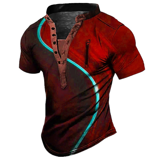 Men's T shirt Tee Henley Shirt Vintage Shirt Graphic Color Block Summer Outdoor Daily Sports Fashion Designer Casual Stand Collar Short Sleeve Clothing Apparel 3D Print Black / Green Pink Red S M L
