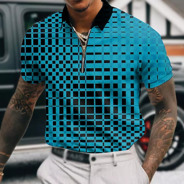 Men's Zip Polo Lapel Polo Polo Shirt Golf Shirt Graphic Prints Geometry Turndown Lake blue White Red Blue Sky Blue Outdoor Street Short Sleeves Zipper Print Clothing Apparel Fashion Designer Casual