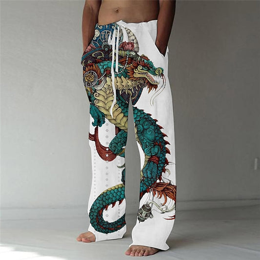 Men's Trousers Summer Pants Beach Pants Drawstring Elastic Waist Front Pocket Dragon Graphic Prints Comfort Soft Casual Daily Fashion Designer White Green