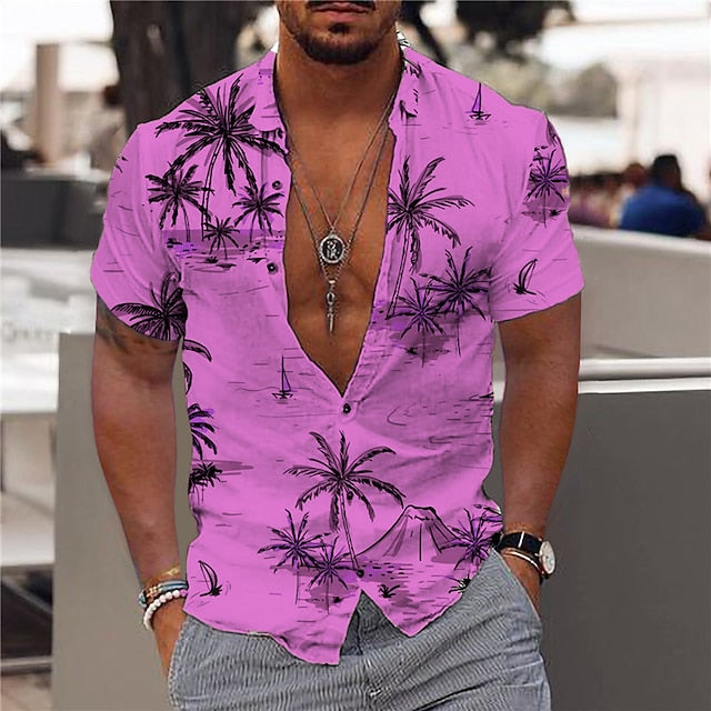 Men's Shirt Summer Hawaiian Shirt Graphic Shirt Aloha Shirt Coconut Tree Turndown Light Yellow Green Blue Purple Yellow Print Outdoor Street Short Sleeve Button-Down Print Clothing Apparel Fashion