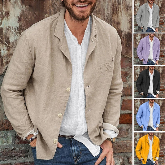 Men's Lightweight Jacket Linen Jacket Blazer Casual Daily Breathable Classic Spring Fall Autumn Solid Color Sporty Casual Turndown Regular Cotton Regular Fit Black Yellow Blue Purple Khaki Jacket