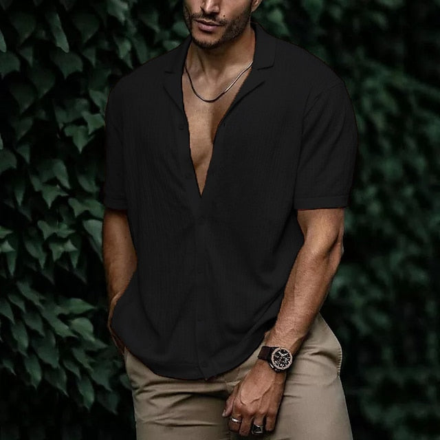 Men's Linen Shirt Summer Shirt Beach Shirt Black White Light Green Short Sleeve Plain Cuban Collar Summer Spring Hawaiian Holiday Clothing Apparel Button-Down