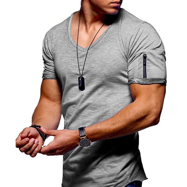 Men's T shirt Tee Tee Plain V Neck Normal Short Sleeve Zipper Clothing Apparel Muscle Esencial