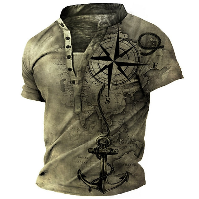 Men's T shirt Tee Henley Shirt Tee Graphic Anchor Compass Stand Collar Pink Blue Green Khaki 3D Print Plus Size Outdoor Daily Short Sleeve Button-Down Print Clothing Apparel Designer Stylish Vintage