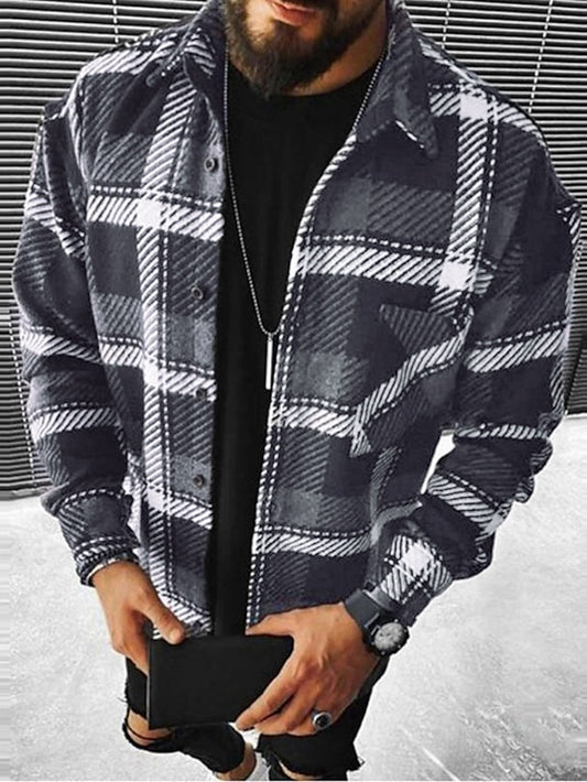 Men's Flannel Shirt Shirt Jacket Shacket Black Brown Light Blue Long Sleeve Plaid / Check Turndown Spring &  Fall Outdoor Street Clothing Apparel