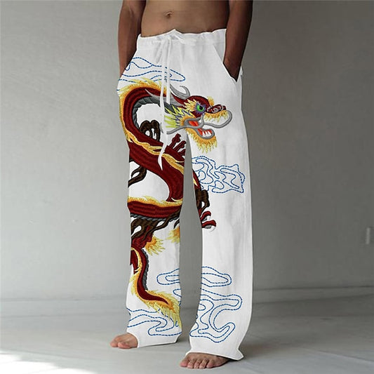 Men's Trousers Summer Pants Beach Pants Elastic Drawstring Design Front Pocket Straight Leg Dragon Graphic Prints Comfort Soft Casual Daily Fashion Big and Tall White Green