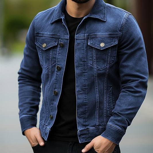 Foruwish - Men's Jacket Denim Jacket Outdoor Daily Wear Pocket Spring Fall Plain Fashion Streetwear Lapel Regular Black Blue Dark Blue Jacket