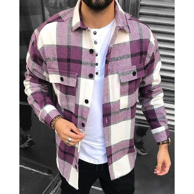 Men's Shirt Shirt Jacket Shacket Purple Green Gray Long Sleeve Plaid / Check Turndown Spring &  Fall Street Daily Clothing Apparel Button-Down