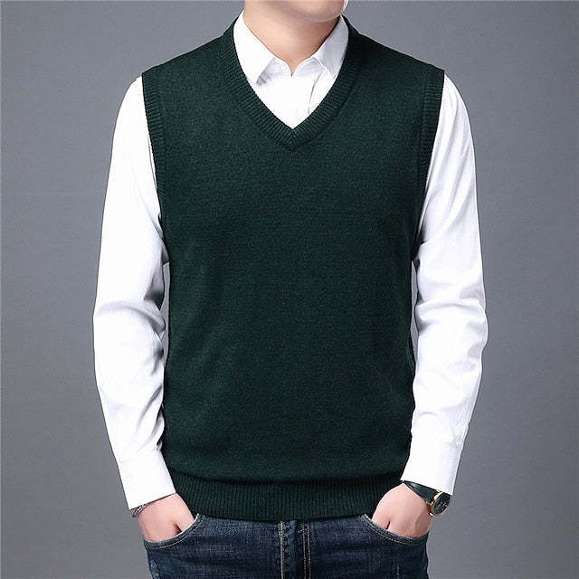 Men's Sweater Vest Wool Sweater Pullover Sweater Jumper Knit Knitted Solid Color V Neck Stylish Vintage Style Clothing Apparel Winter Fall Green Black S M L