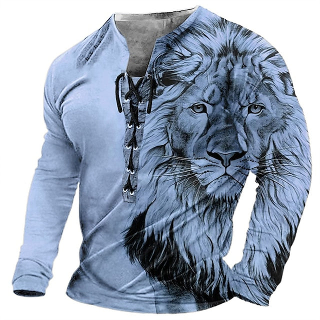 Men's T shirt Tee Tee Graphic Lion Collar Clothing Apparel 3D Print Casual Daily Long Sleeve Lace up Print Fashion Designer Stylish Vintage