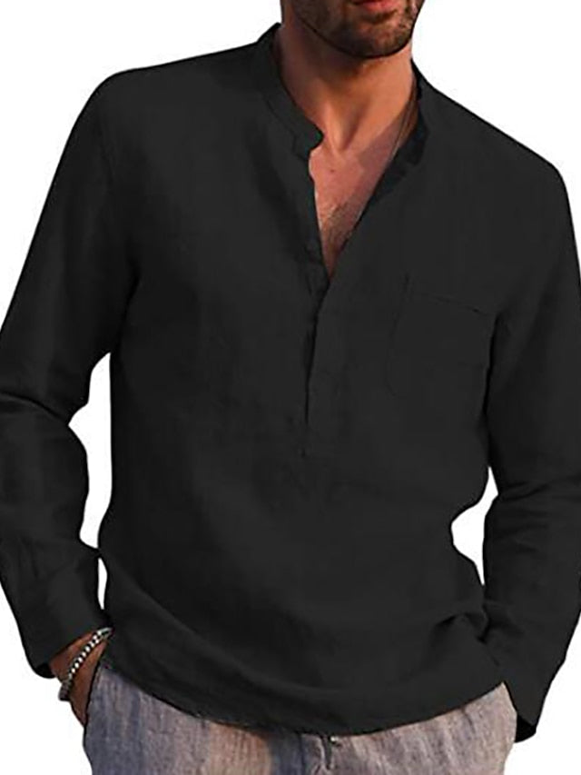 Men's Linen Shirt Summer Shirt Beach Shirt Black White Wine Long Sleeve Solid Color Henley Spring &  Fall Daily Hawaiian Clothing Apparel collared shirts