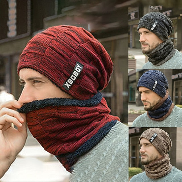 Men's Beanie Hat and Scarf Set Black Wine Knitted Solid / Plain Color Casual / Daily