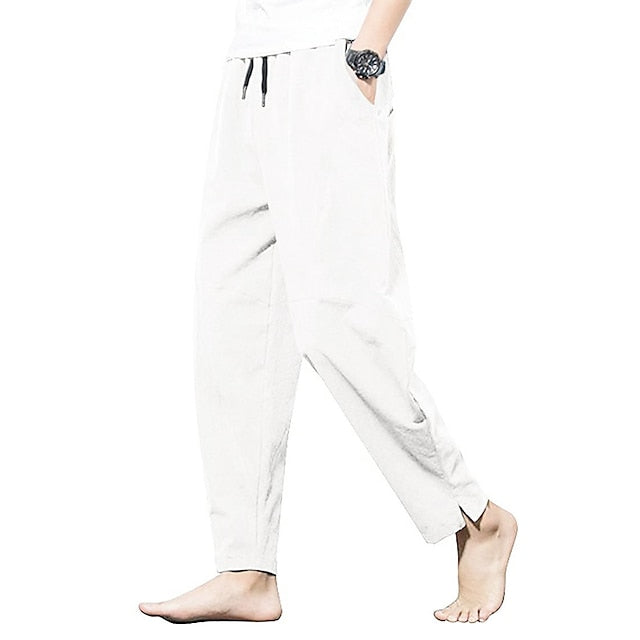Men's Linen Pants Trousers Summer Pants Bloomers Beach Pants Pocket Drawstring Elastic Waist Plain Lightweight Ankle-Length Daily Yoga Fashion Casual Loose Fit Black White