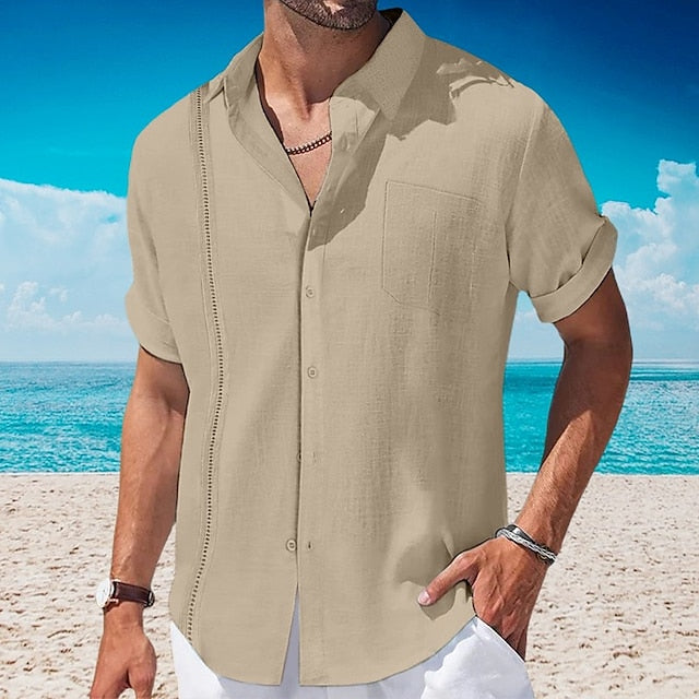 Men's Shirt Guayabera Shirt Linen Shirt Summer Shirt Beach Shirt Black White Navy Blue Short Sleeve Plain Lapel Summer Casual Daily Clothing Apparel Front Pocket