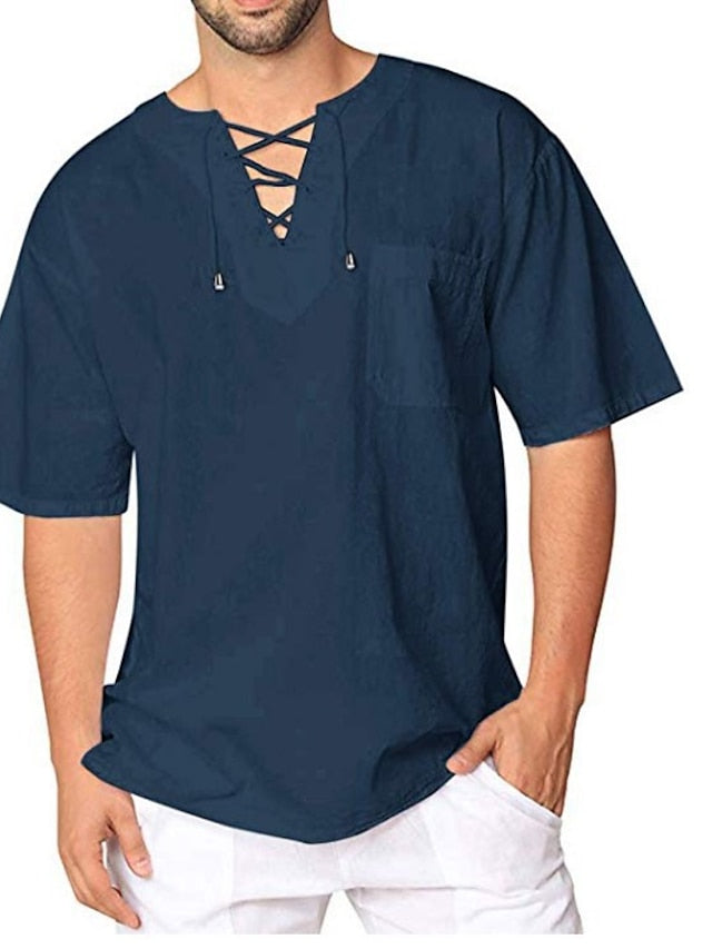 Men's Summer Shirt Beach Shirt Black White Navy Blue Short Sleeve Plain V Neck Summer Spring Outdoor Street Clothing Apparel