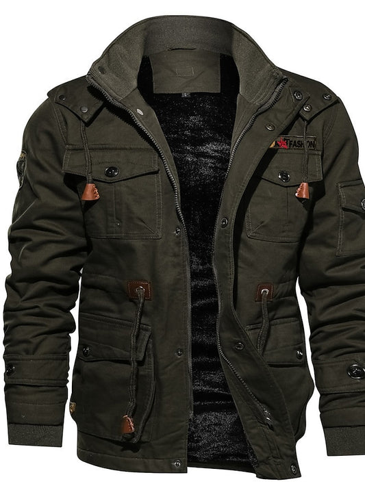 Men's Winter Jacket Winter Coat Work Jacket Outdoor Street Windproof Warm Drawstring Winter Solid Colored Fashion Keep Warm Stand Collar Regular Cotton Fleece Black Army Green Khaki Jacket