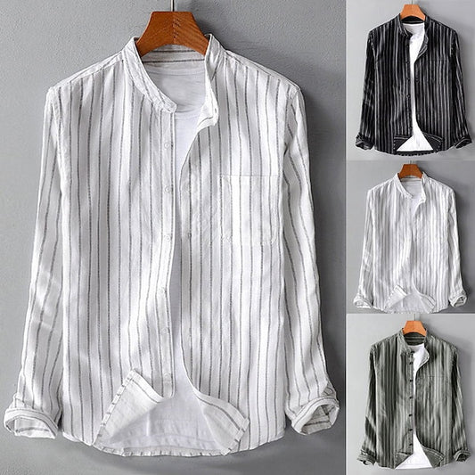 Men's Summer Shirt Beach Shirt Black White Gray Long Sleeve Striped Stand Collar Spring &  Fall Street Daily Clothing Apparel Button-Down