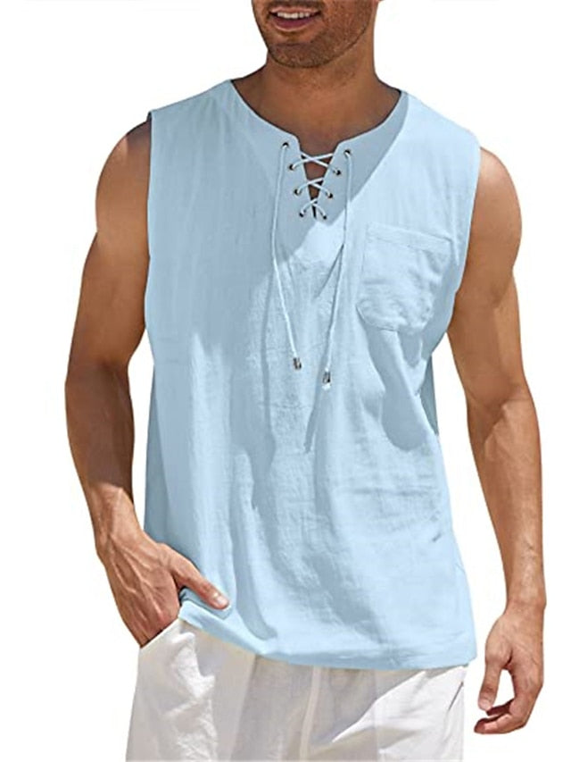 Men's Casual Shirt Summer Shirt Beach Shirt Black White Wine Sleeveless Plain V Neck Summer Outdoor Street Clothing Apparel Lace up