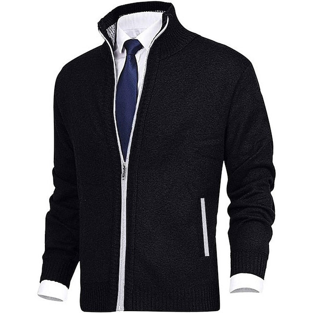 Men's Sweater Cardigan Sweater Zip Sweater Ribbed Knit Zipper Pocket Solid Color Stand Collar Warm Ups Modern Contemporary Daily Wear Going out Clothing Apparel Winter Fall Black Dark Navy S M L
