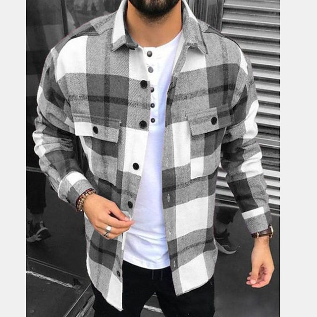 Men's Shirt Shirt Jacket Shacket Purple Green Gray Long Sleeve Plaid / Check Turndown Spring &  Fall Street Daily Clothing Apparel Button-Down