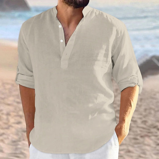 Men's Linen Shirt Shirt Summer Shirt Beach Shirt Black White Navy Blue Long Sleeve Plain V Neck All Seasons Daily Hawaiian Clothing Apparel