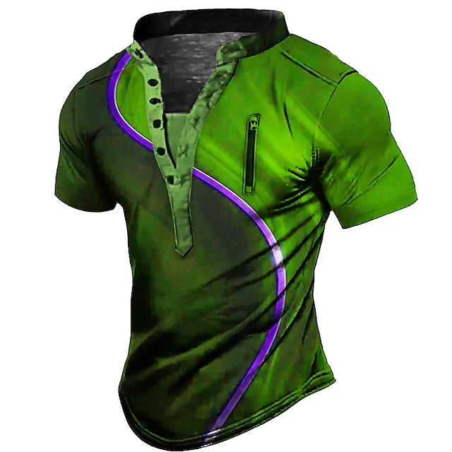 Men's T shirt Tee Henley Shirt Vintage Shirt Graphic Color Block Summer Outdoor Daily Sports Fashion Designer Casual Stand Collar Short Sleeve Clothing Apparel 3D Print Black / Green Pink Red S M L