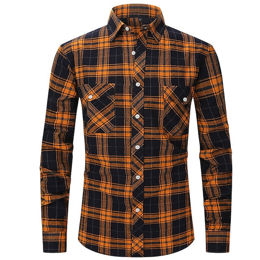 Men's Flannel Shirt Shirt Jacket Shacket Wine Dark Green Orange Long Sleeve Plaid / Check Turndown Fall & Winter Street Daily Clothing Apparel Button-Down